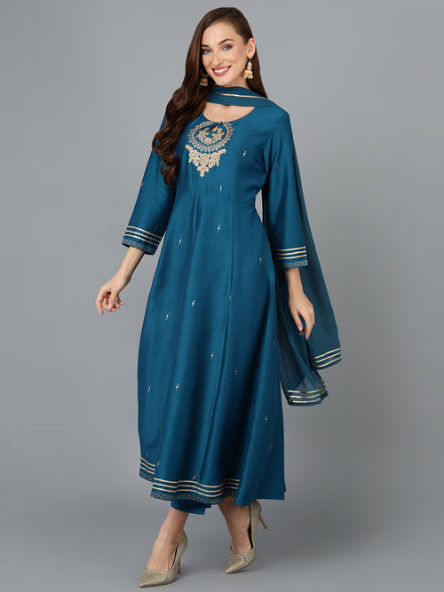 Teal Silk Blend Flared Kurta Pant With