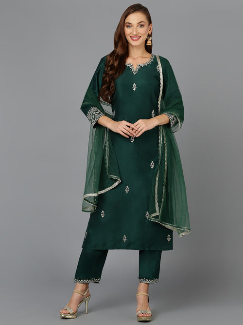 Bottle Green Straight Kurta Pant With Dupatta