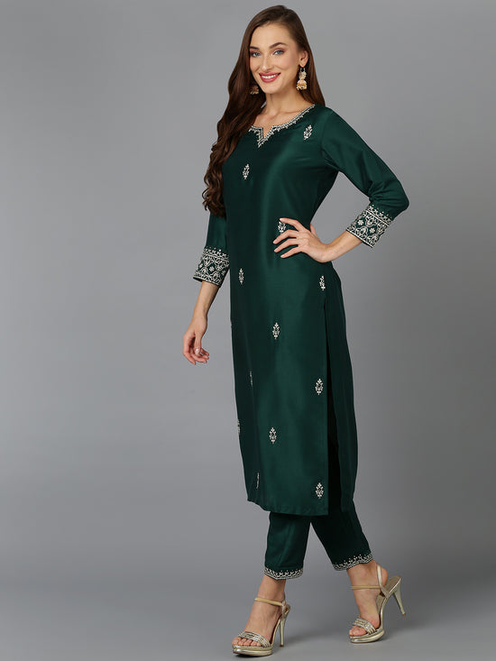 Bottle Green Straight Kurta Pant With Dupatta