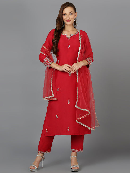 Red Silk Blend Straight Kurta Pant With