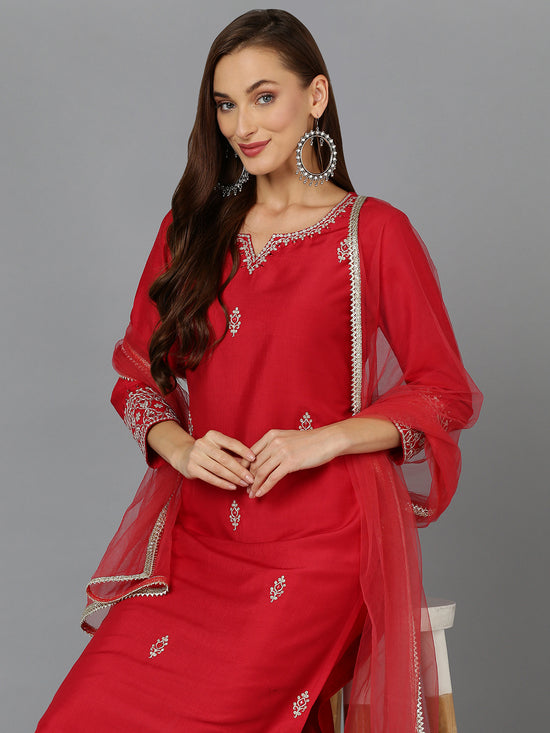 Red Silk Blend Straight Kurta Pant With