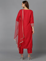 Red Silk Blend Straight Kurta Pant With