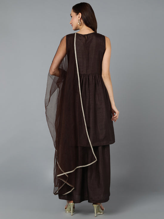 Silk Blend Brown Flared Kurta Sharara With