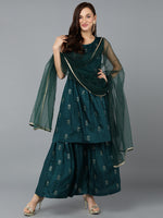 Silk Blend Green Flared Kurta Sharara With