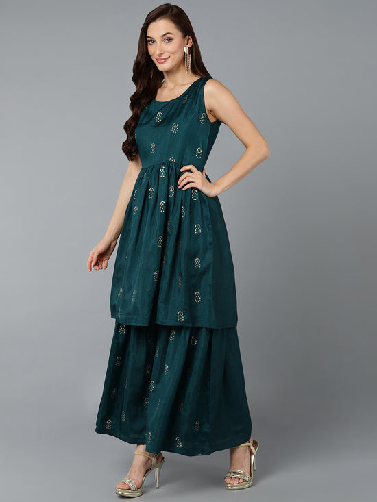 Silk Blend Green Flared Kurta Sharara With