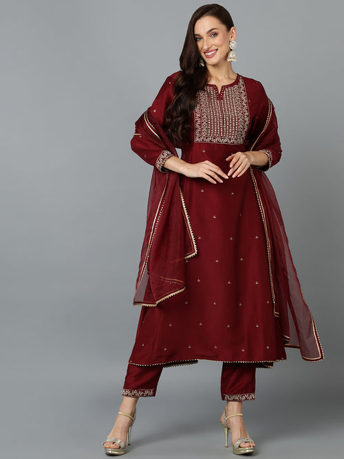 Maroon Silk Blend Anarkali Kurta Pant With