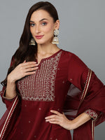 Maroon Silk Blend Anarkali Kurta Pant With