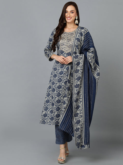 Silk Blend Blend Grey Straight Printed Kurta