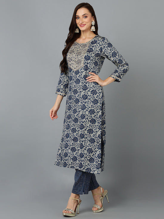 Silk Blend Blend Grey Straight Printed Kurta