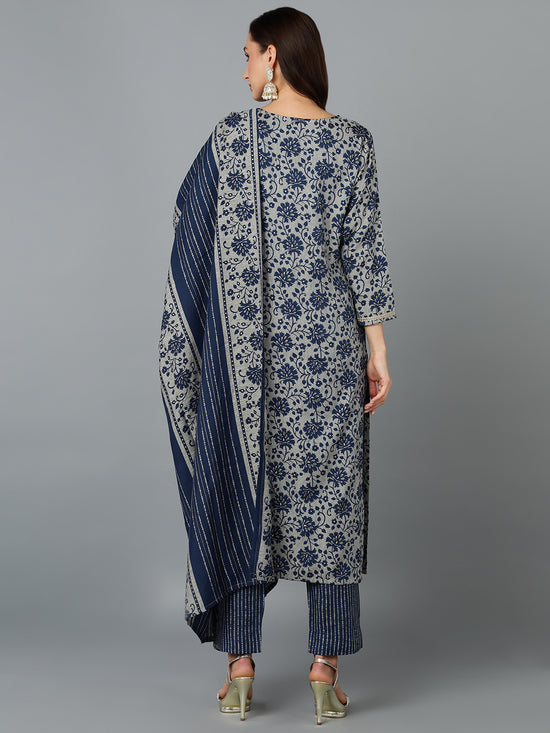 Silk Blend Blend Grey Straight Printed Kurta