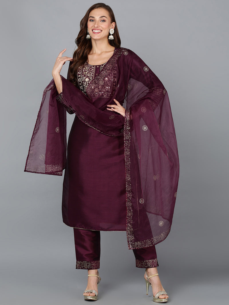 Purple Silk Blend Embroidered Party wear Suit