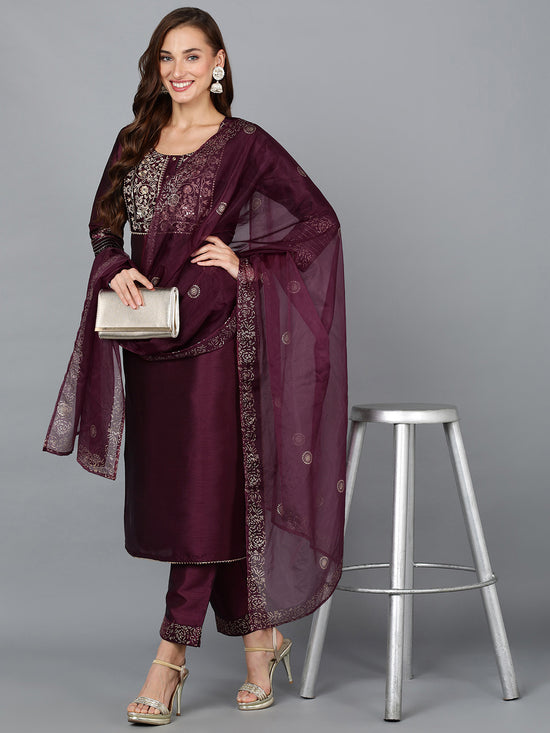 Purple Silk Blend Embroidered Party wear Suit