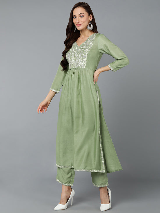 Silk Blend Sea Green Straight Kurta Pant