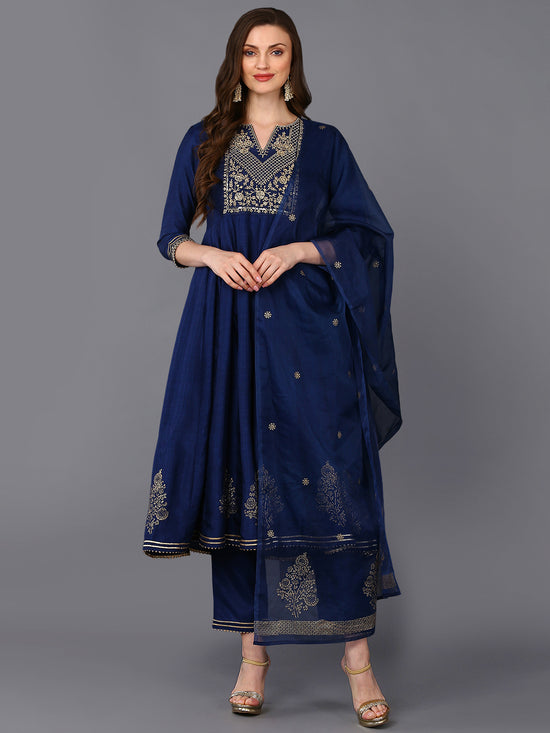 Silk Blend Navy Blue Flared Kurta Pant