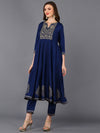 Silk Blend Navy Blue Flared Kurta Pant