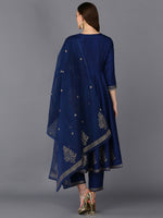 Silk Blend Navy Blue Flared Kurta Pant