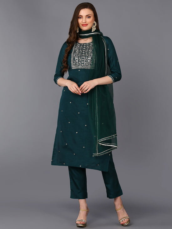 Silk Blend Green Rogan Work Straight Kurta