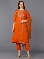 Silk Blend Orange Flared Kurta Pant With