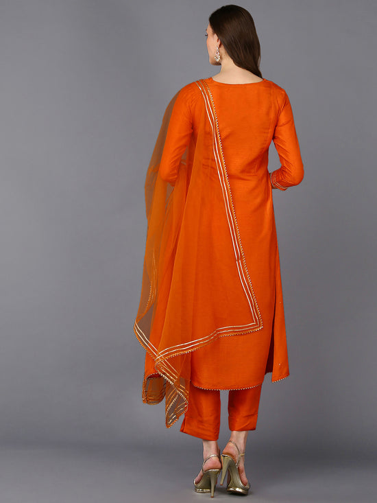 Silk Blend Orange Flared Kurta Pant With