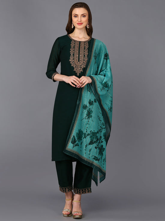 Silk Blend Bottle Green Straight Kurta Pant