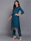 Viscose Rayon Teal Blue Embroidered Straight Kurta