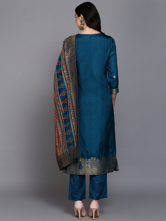 Viscose Rayon Teal Blue Embroidered Straight Kurta