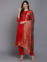 Viscose Rayon Red Embroidered Straight Kurta Pant