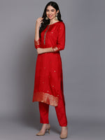 Viscose Rayon Red Embroidered Straight Kurta Pant