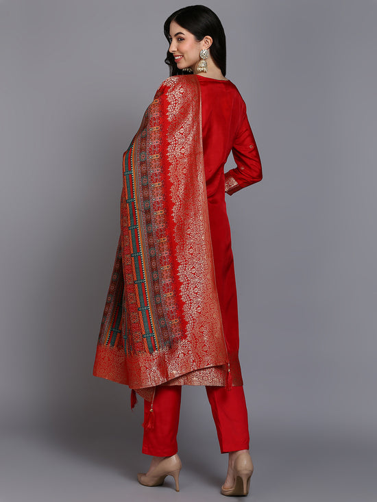 Viscose Rayon Red Embroidered Straight Kurta Pant