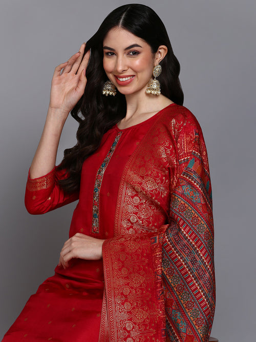 Viscose Rayon Ruby Pink Embroidered Straight Kurta