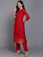 Viscose Rayon Ruby Pink Embroidered Straight Kurta