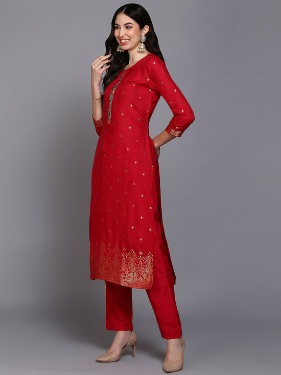 Viscose Rayon Ruby Pink Embroidered Straight Kurta