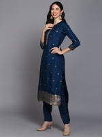 Viscose Rayon Navy Blue Embroidered Straight Kurta