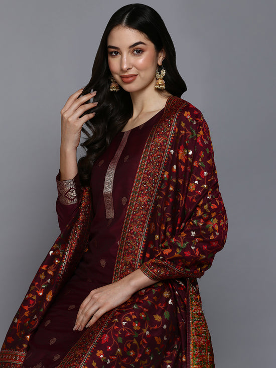 Silk Blend Wine Jacquard Straight Kurta Pant