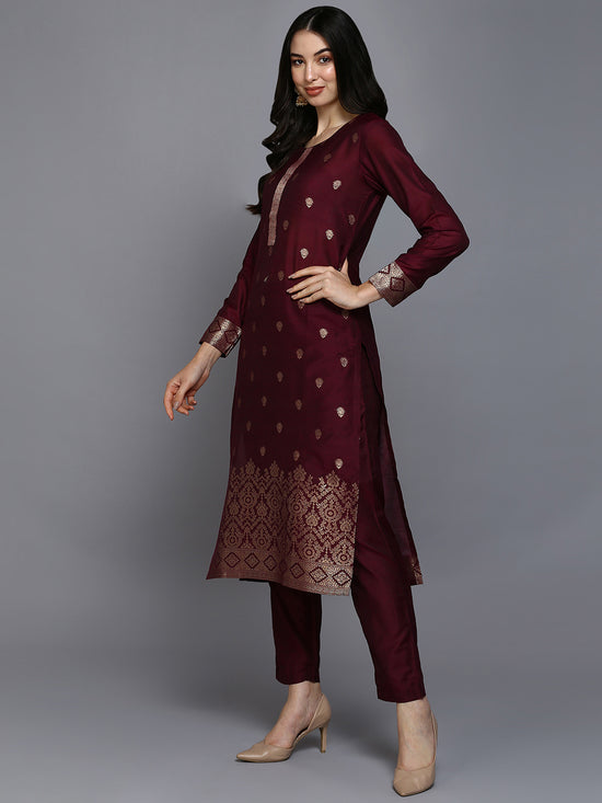 Silk Blend Wine Jacquard Straight Kurta Pant