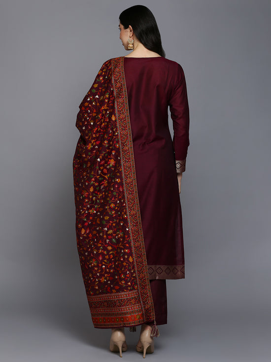 Silk Blend Wine Jacquard Straight Kurta Pant