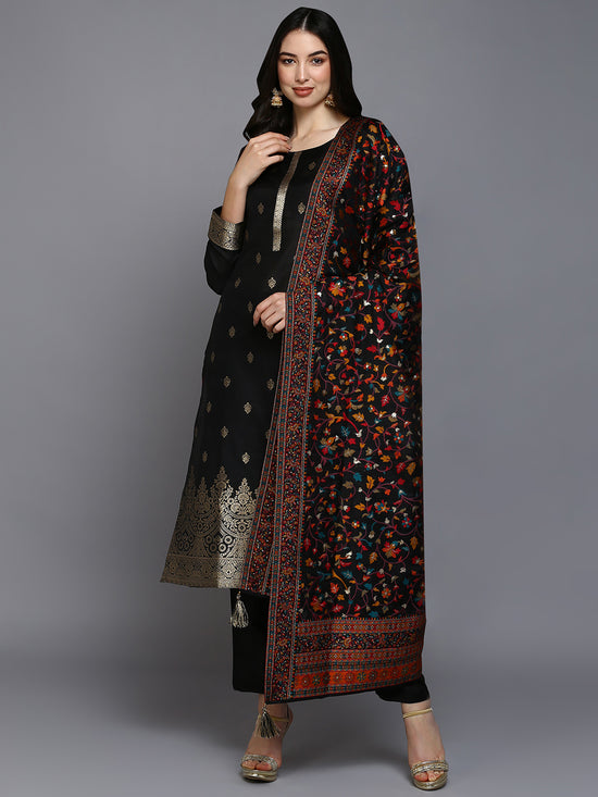 Silk Blend Black Jacquard Straight Kurta Pant