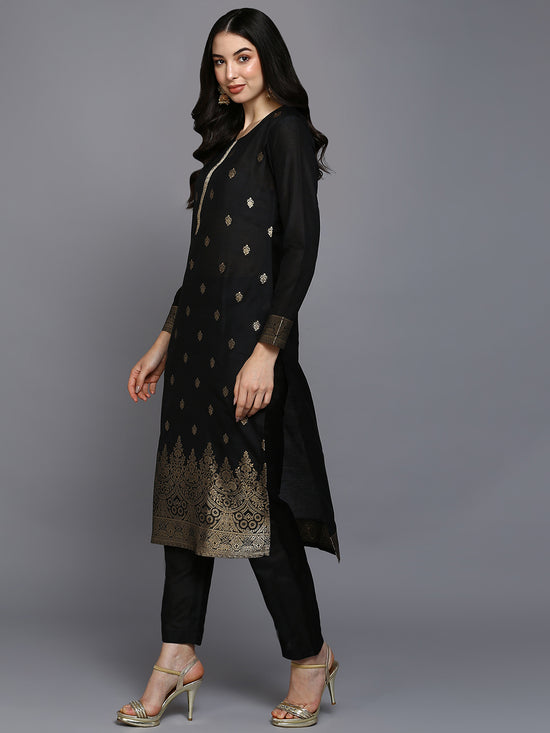 Silk Blend Black Jacquard Straight Kurta Pant