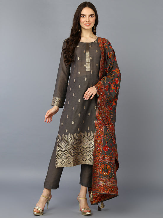 Silk Blend Grey Jacquard Straight Kurta Pant