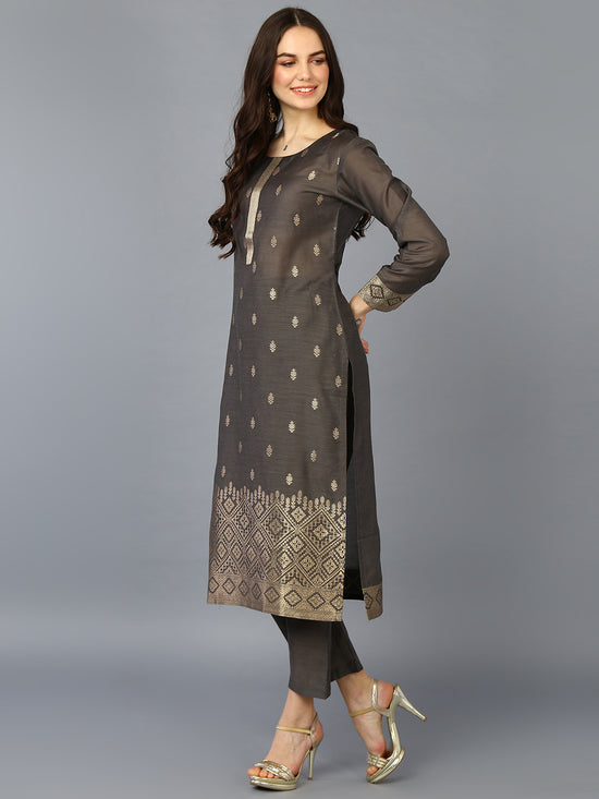 Silk Blend Grey Jacquard Straight Kurta Pant