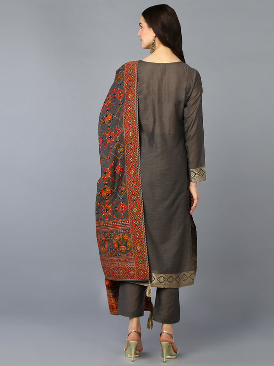 Silk Blend Grey Jacquard Straight Kurta Pant