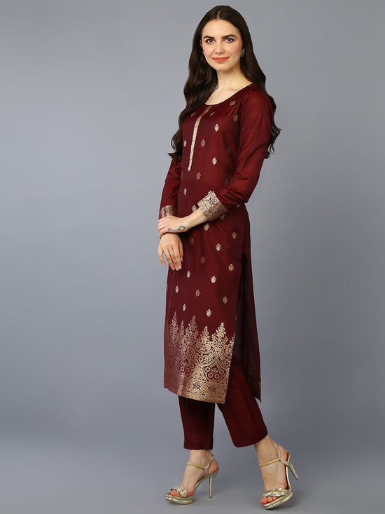 Silk Blend Maroon Jacquard Straight Kurta Pant