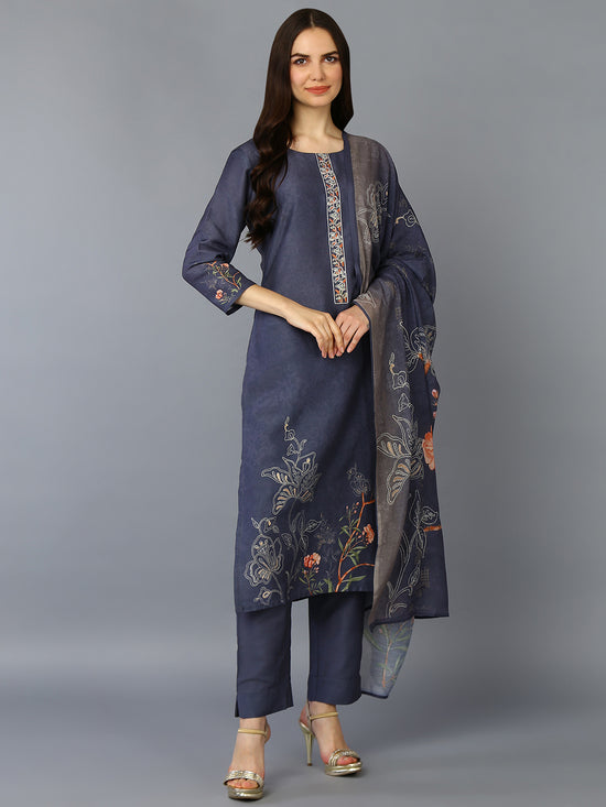 Silk Blend Grey Printed Straight Kurta Pant