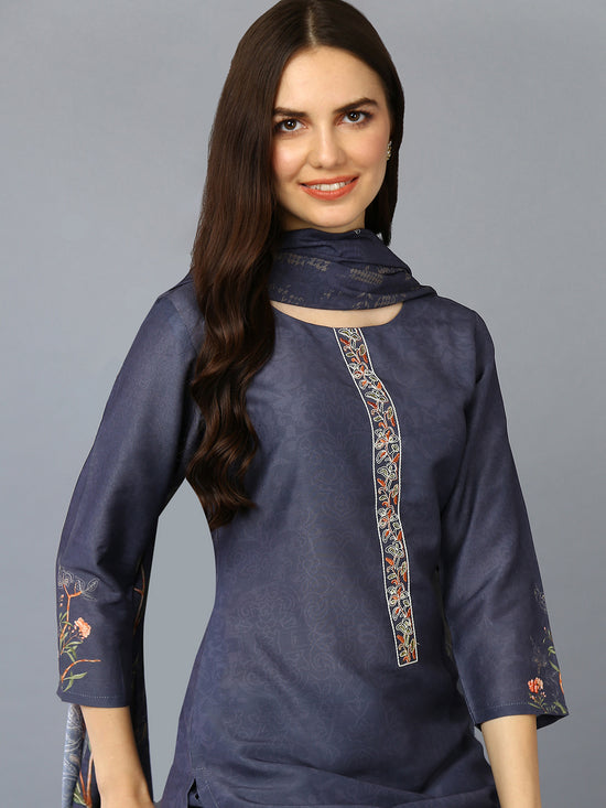 Silk Blend Grey Printed Straight Kurta Pant