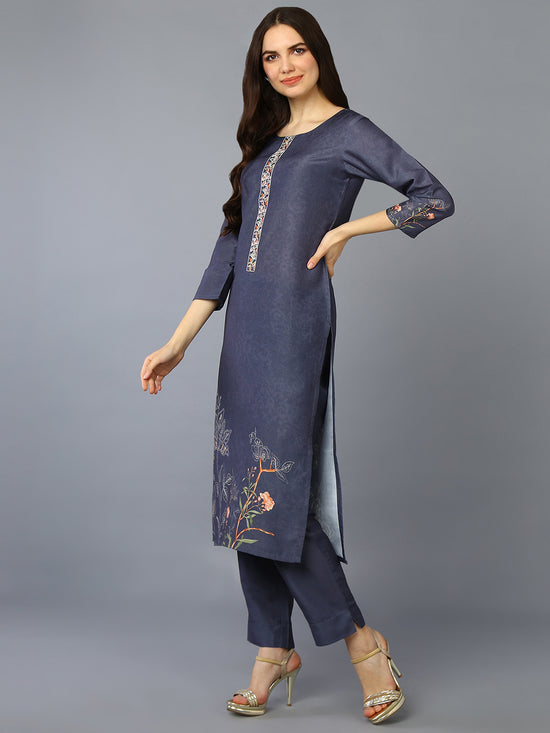 Silk Blend Grey Printed Straight Kurta Pant