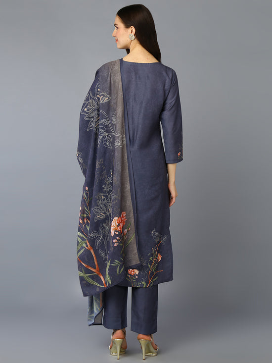 Silk Blend Grey Printed Straight Kurta Pant