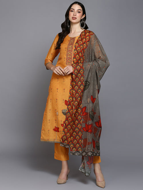 Silk Blend Saffron Printed Straight Kurta Pant