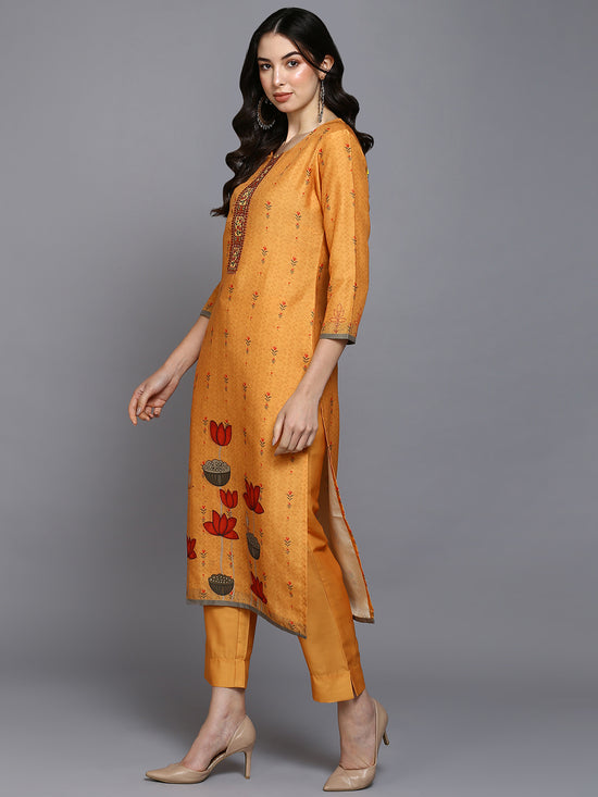 Silk Blend Saffron Printed Straight Kurta Pant