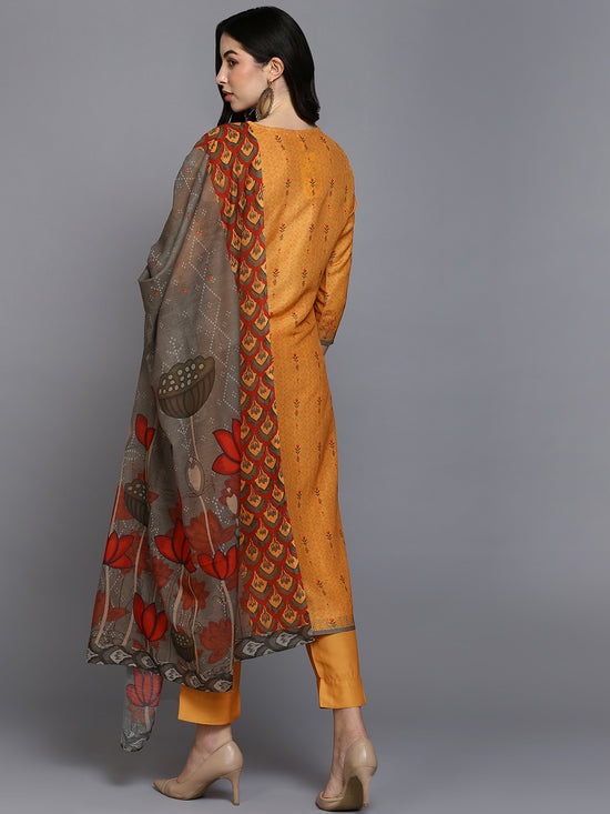 Silk Blend Saffron Printed Straight Kurta Pant