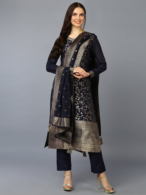 Silk Blend Navy Blue Jacquard Straight Kurta